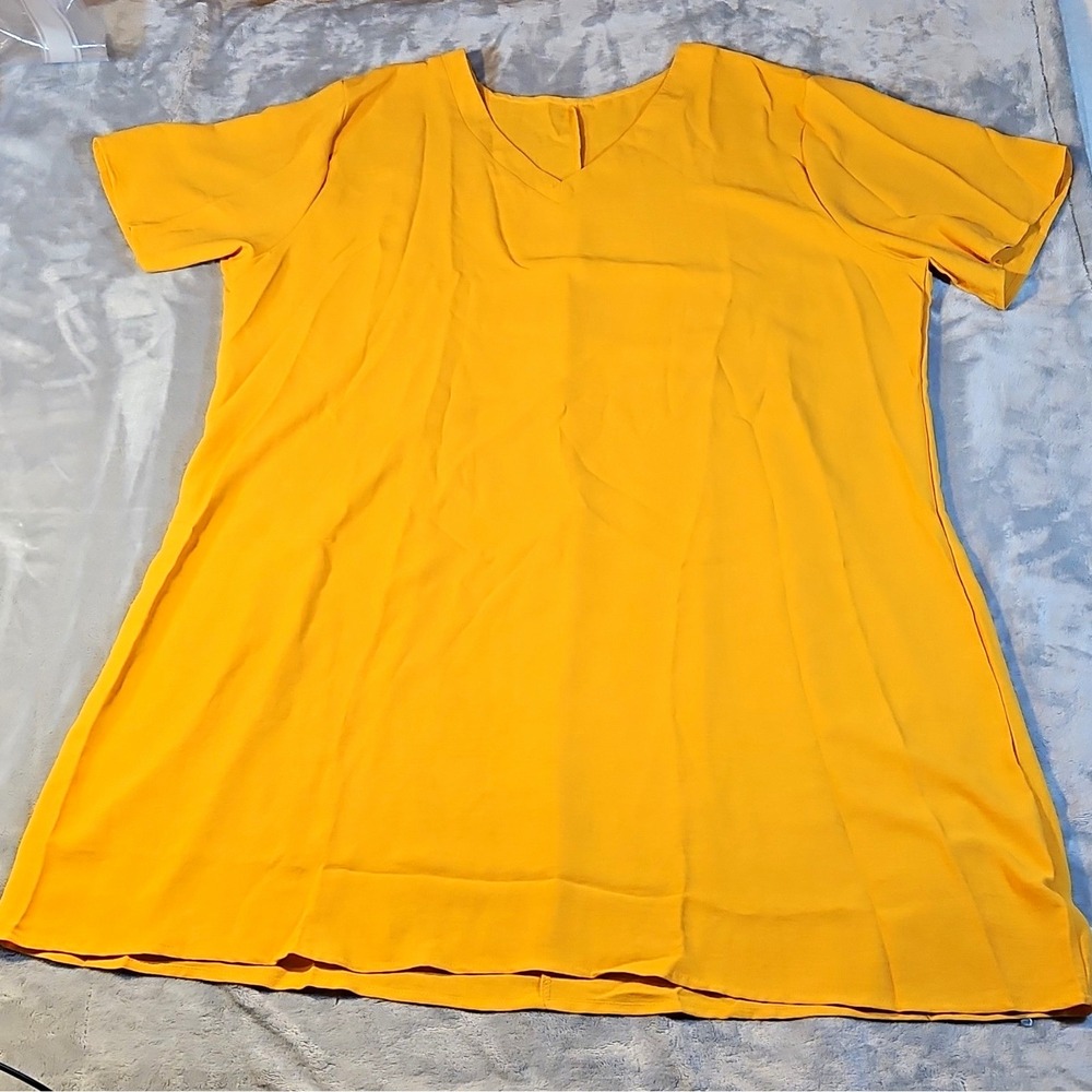 Yellow Solid V-Neck Short Sleeve Pullover Top Shirt Stretch Plus Size 4XL